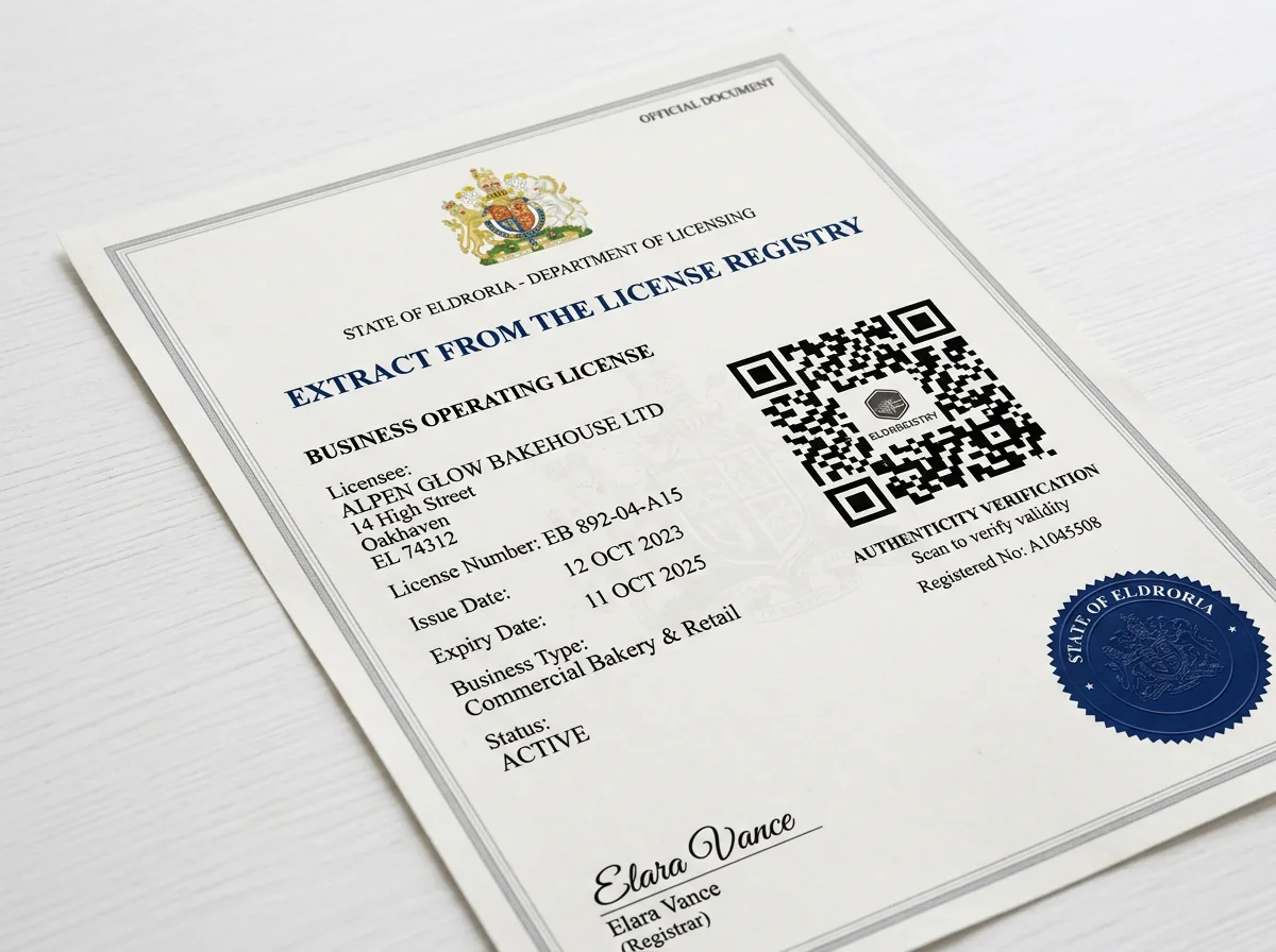 Выписка из реестра лицензий Росздравнадзора — распечатанный документ с QR-кодом для проверки подлинности, крупный план на белом столе